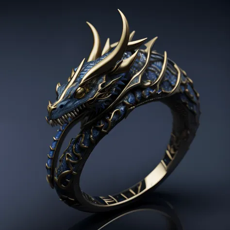 Close-up of a ring with a dragon's head, rendered in keyshot, Carved from sapphire stone, Сверхдетализированная 16K, Jewelry Design, Вдохновленный Elden Ring, Hyper-realistic detailed render, Hyper detailed and realistic, Detailed decorations, blue dragon,...