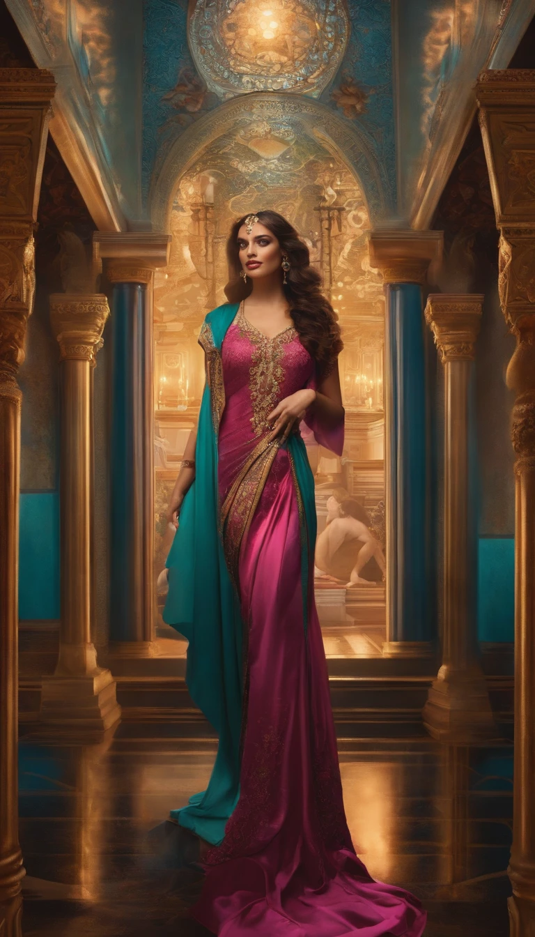 A Woman In A Pink And Blue Dress Standing In A Hall SeaArt AI a-woman-in-a-pink-and-blue-dress-standing-in-a-hall-seaart-ai