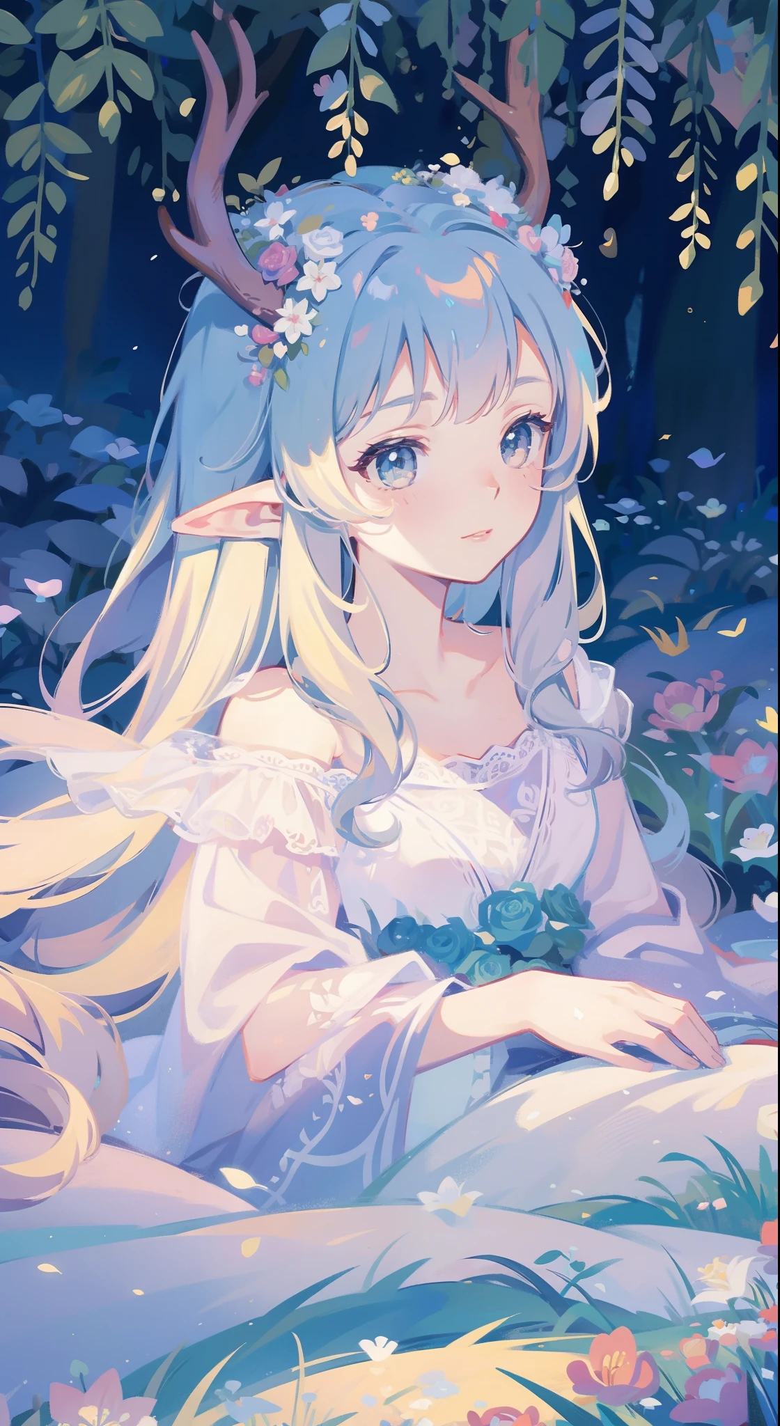 high high quality，masterpiece，Delicate facial features，Delicate hair，Delicate eyes，Delicate hair，animemanga girl，deer antlers，Black color hair，florals, Dreamy style, Fantastic flower garden，fantasy style clothing,Romantic dress,  beautiful and elegant elf queen, a beautiful fantasy empress, Fantasy art style, ((a beautiful fantasy empress)), Anime fantasy illustration, high priestess, fey queen of the summer forest, anime art nouveau, goddess of the forest, portrait of an elf queen, A beautiful artwork illustration，8K high quality detailed art（Delicate facial portrayal）（Fine hair depiction）（highest  quality）（Master masterpieces）（High degree of completion）（a sense of atmosphere）8k wallpaper，tmasterpiece，Best quality at best，ultra - detailed