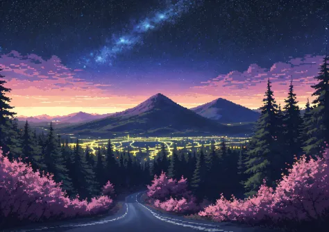 pixel art, a beautiful shot of a road during nighttime, starry night, surrounded by forests, centered shot, dark, use of blue, p...