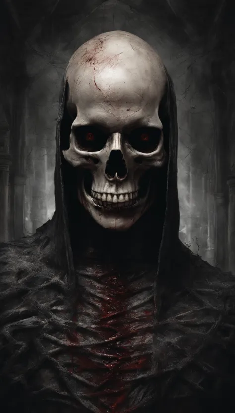 A bloody skull necromancer, In a candlelit room, uma pilha de ossos, hyper-realistic, artistic,