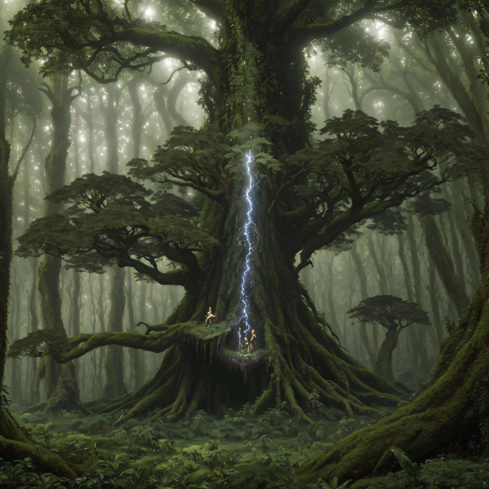 Árvore de mana, (árvore gigante), floresta mágica, fantasia, Verde brilhante, Natureza, cipó, Floresta tropical, coberto de vegetação, detalhes incríveis, iluminação cinematográfica, Raios Divinos, volumetric fog, sem humanos, levitando, pele limpa, Roupas leves