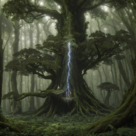 Arbre de mana, (giant tree), Magic Forest, fantaisie, Vert vif, nature, liane, rainforest, overgrown, Amazing details, lighting ...