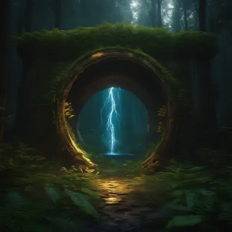 uv ,Create a portal in the middle of the forest with white fire around the portal and a swamp on both sides with golden lightning with coins falling like tamano uv rain