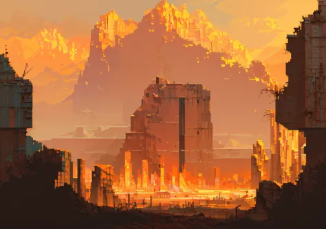 pixel art, a beautiful shot of a post apocalyptic wasteland, beautiful warm colors, amazing lighting, g liulian art style, anime...