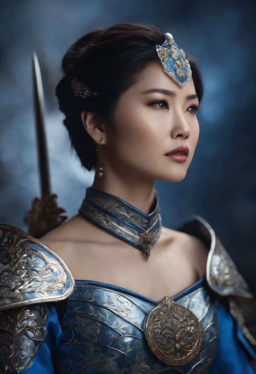 a beautiful Asian woman, with short hair, she wears battle armor made entirely of glass and the armor is blue and white, photorealistic