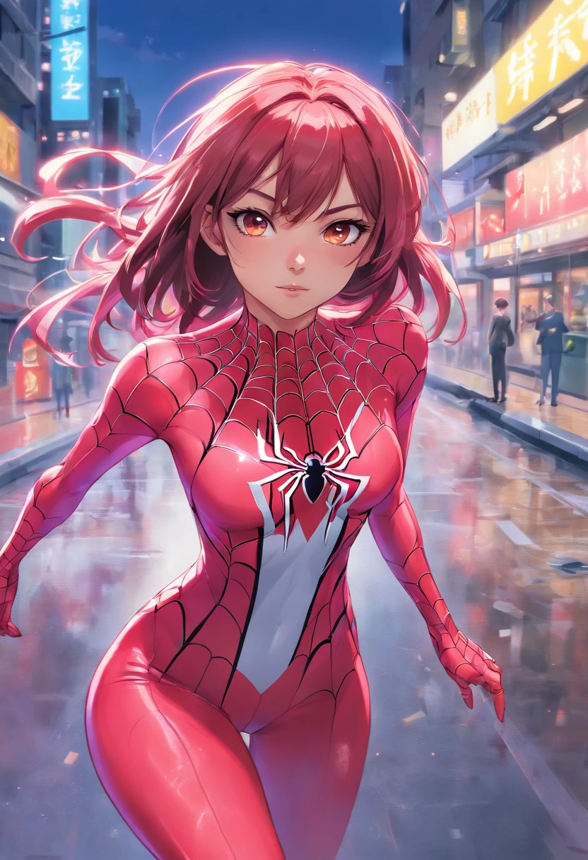 A woman in a spider suit walking down a city street - SeaArt AI