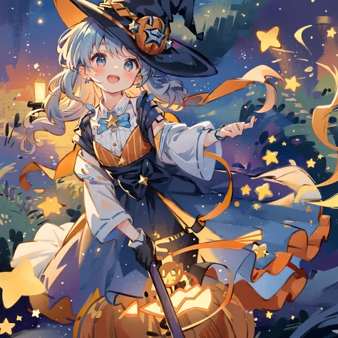 ((masterpiece:1.2, best quality)), 1girl, solo, (witch hat), a close up of a girl with curly hair, dress, aurora, night, star (sky), gloves, sky, dress, night sky, open mouth, starry sky, light blue eyes, ribbons, smile, cape, colorful hair, magic, casting...