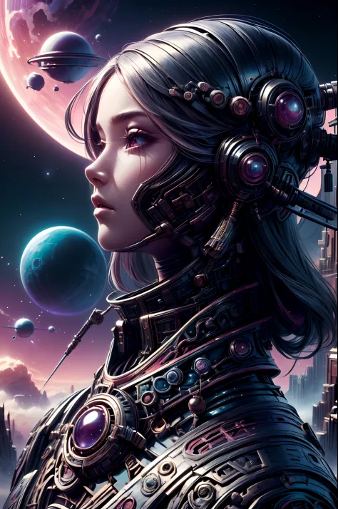 "Sci-fi painting, enigmatic girl shinobi, katana wielder, space wanderer, planetes in the distance, futuristic science fiction, ...