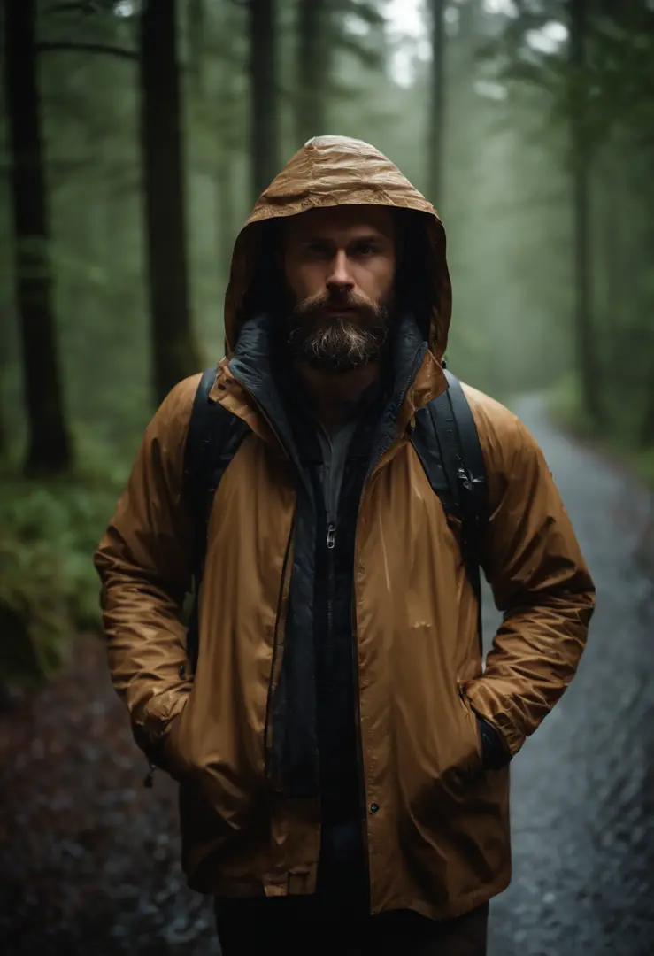 (best quality,4k,highres:1.2),rainy-day photorealistic portrait of a 31-year-old white male photographer in the woods, with a detailed beard. He is holding a professional camera and wearing a zipped up tan rain jacket with the hood up. The raindrops on the...