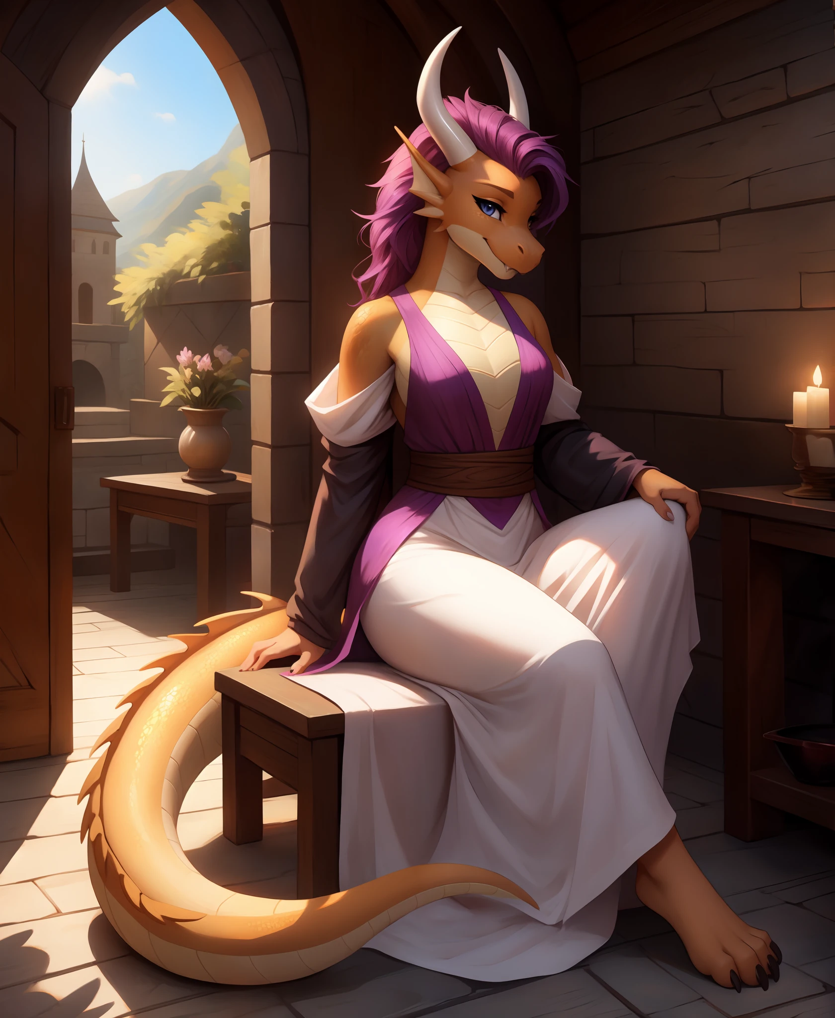 Dragon Girl, purple hair, (Beige dragon horns), cyan eyes, scale, clawed legs, Spread orange wings, Orange ponytail with purple hair on the tip, Anthro, average breasts, dragon head, High hairstyle, Maid&#39;s Puffy Black Dress, in full height, sexy maid dress, created, Gorro de la created, legsupms, Footwear, Sits on a chair, sly smile, (Holds a large spear), Polishing of spears, Rag in hands, foyer, Medieval room, protruding tongue, Clean the spear, adult body, lift your skirt, visible female genitalia