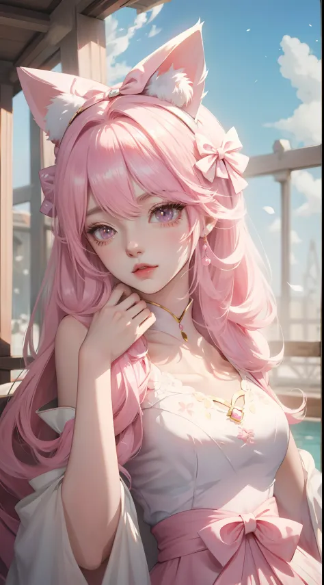 Anime girl pink hair white bow, , Beautiful character painting, , Stunning anime face portrait handsome royal sister cat ears