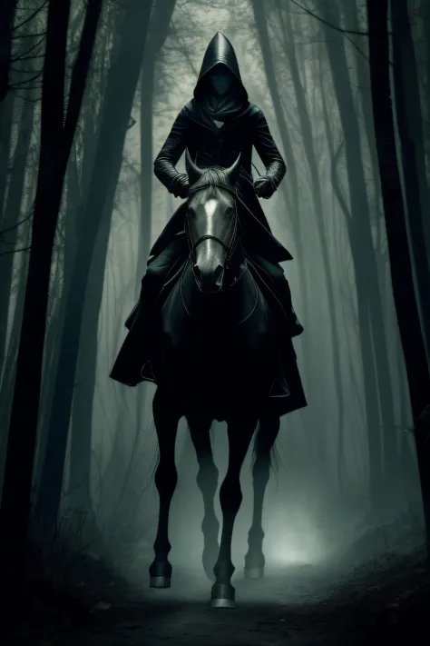 Arte Oficial, La mejor calidad, Digital art with intricate details, The eerie woods of Sleepy Hollow at midnight, A fog-laden, moonlit forest with gnarled trees and a misty brook, The pale moonlight casting long, haunting shadows,  Riding furiously on his ...