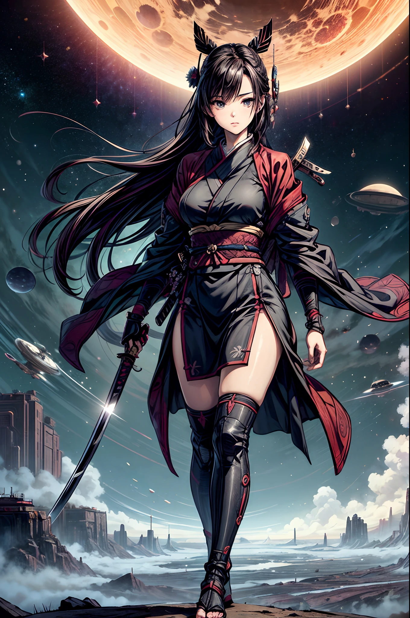 "Girl in sci-fi attire, masterful shinobi, cosmic katana, vast space, planetary wonders, (science fiction dreams), mist-shrouded landscape, captivating and surreal"