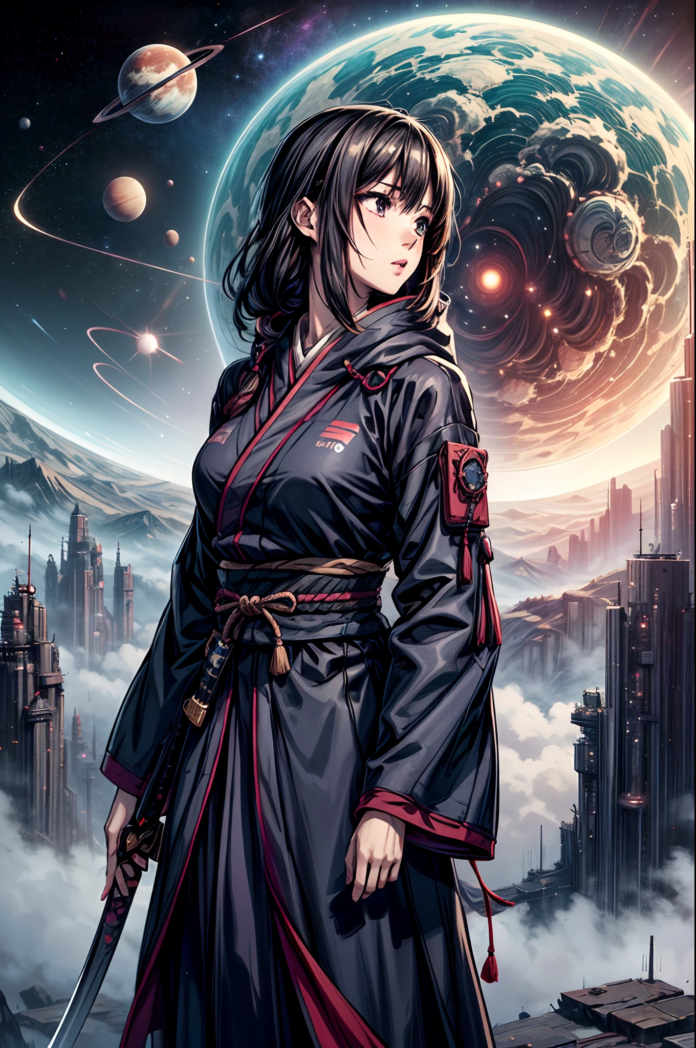 "Girl in sci-fi attire, masterful shinobi, cosmic katana, vast space, planetary wonders, (science fiction dreams), mist-shrouded landscape, captivating and surreal"