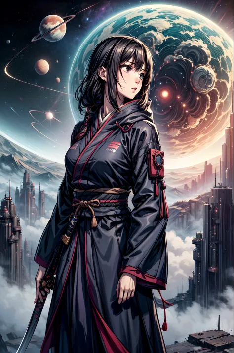 "Girl in sci-fi attire, masterful shinobi, cosmic katana, vast space, planetary wonders, (science fiction dreams), mist-shrouded...