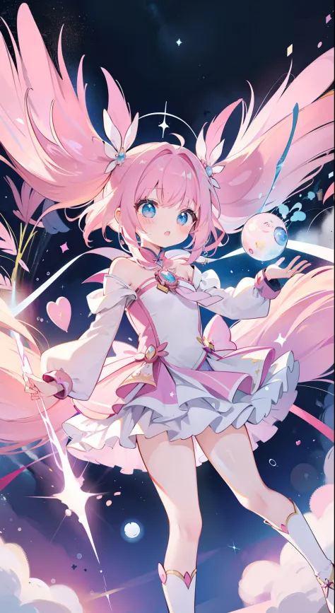 One girl、magical little girl、​masterpiece、top-quality、Top image quality、cute little、A pink-haired、long twin tail hair、Magical Girl Costumes、magia、uses magic