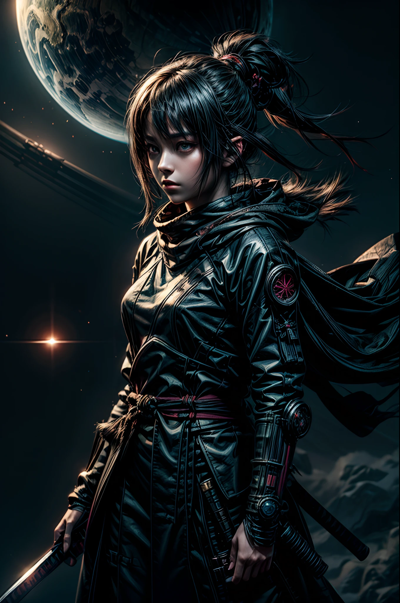 "Girl in sci-fi attire, masterful shinobi, cosmic katana, vast space, planetary wonders, (science fiction dreams), mist-shrouded landscape, captivating and surreal"