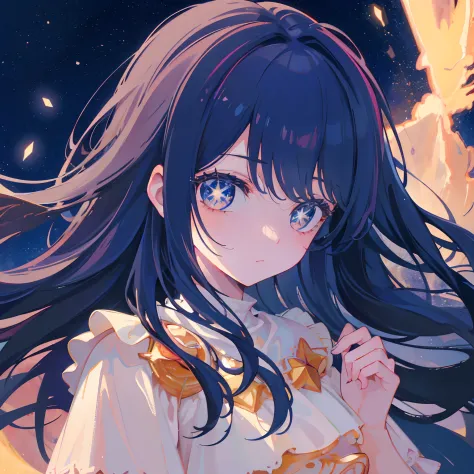 {{Best quality}, {tmasterpiece}, {{ultra - detailed}, illustration), {Detailed light}, {Extremely Delicately Beautiful), A girl, {Beautiful detailed eyes}, Stars in Eyes, messy  hair, Colored inner hair, Starry sky adorns hair, Depth of field