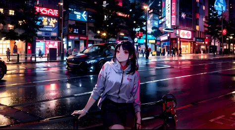 seductive woman in white jacket standing on a bench in a city at night, a sports car behind her in a Tokyo street, sitting in Tokyo, in Tokio, in the streets of Tokyo, in Neo Tokyo, in Neotokyo, taken in 2 0 2 0, in city street, at a city street, posing in...