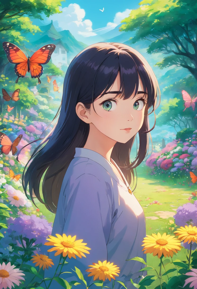 (best quality,4k,8k,highres,masterpiece:1.2),ultra-detailed,realistic,hdr,studio lighting,professional,vivid colors,long black straight hair,white 16-year-old girl,violet eyes,long eyelashes,smooth skin,soft expression,beautiful detailed eyes,beautiful detailed lips,girl in a garden,green grass,colorful flowers,butterflies flying around,vibrant atmosphere,ethereal lighting,painting-like texture,peaceful and serene ambiance