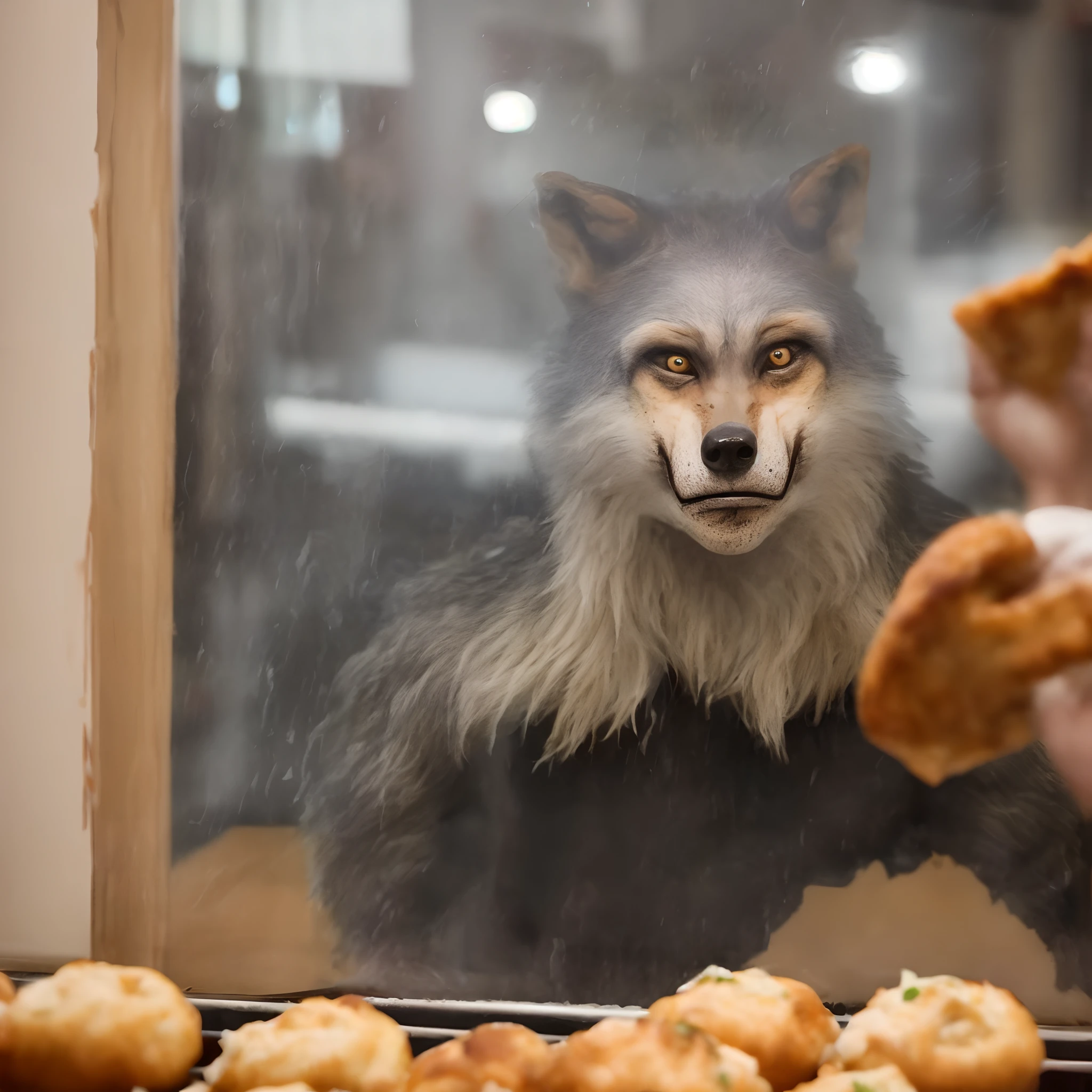 Hombre lobo mirando con amor los nudos de ajo que gotean a través de la ventana de la pizzería