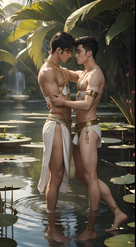 2boys kissing and embracing, masterpiece, best quality, slim lean boys young adults standing in a tranquil pool surrounded with water lilies and reeds. The men are muscular lean slim and well built, with defined muscles. The men are wearing white linen loi...