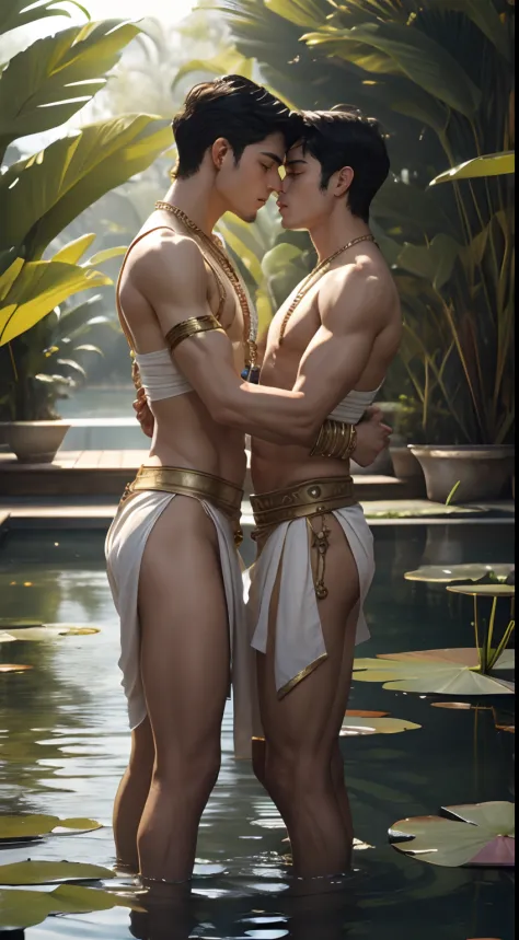 2boys kissing and embracing, masterpiece, best quality, slim lean boys young adults standing in a tranquil pool surrounded with water lilies and reeds. The men are muscular lean slim and well built, with defined muscles. The men are wearing white linen loi...