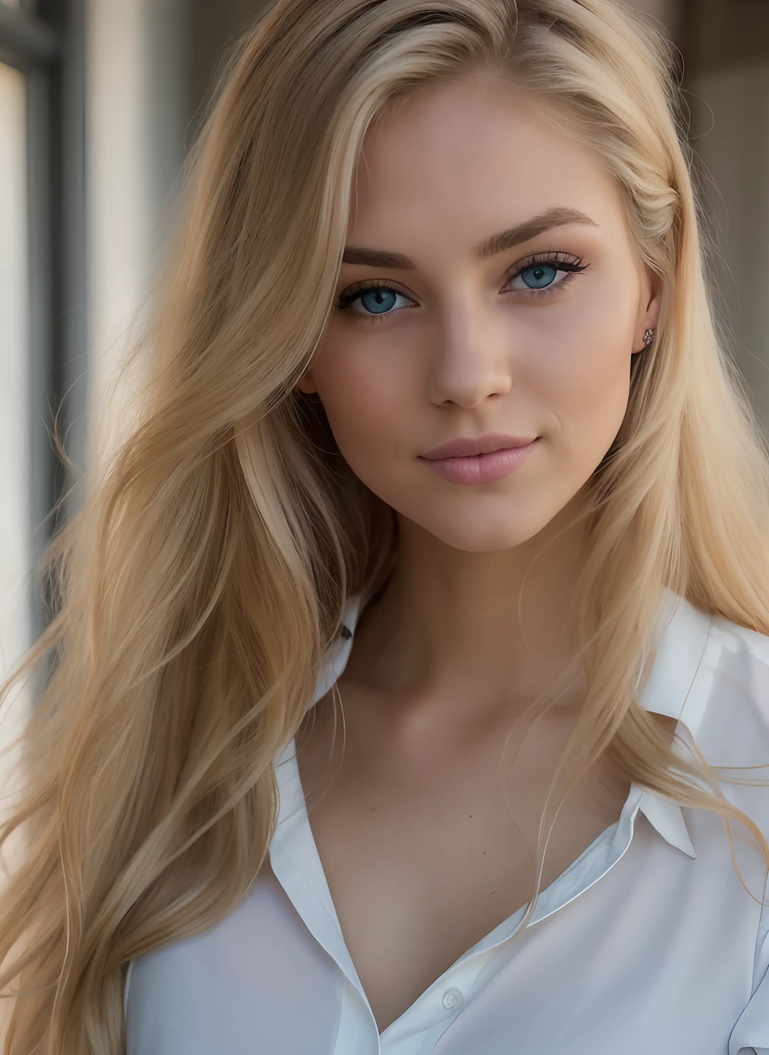 A close up of a woman with long blonde hair wearing a white shirt - SeaArt  AI