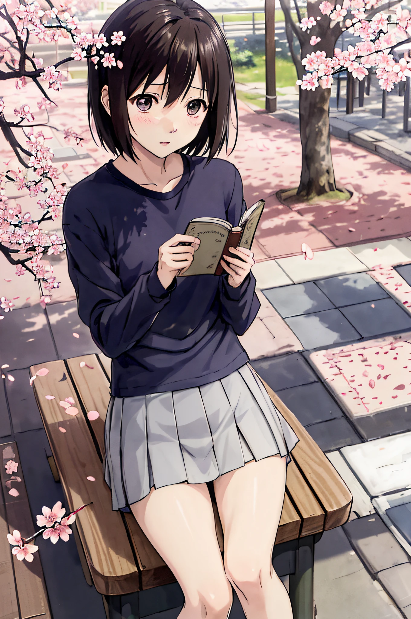 nakahara_misaki、two-tone shirt、a miniskirt、plein air、a park、Cherry blossom petals fluttering、、Blue theme、mournful、Eyes of the Sky、looking-down、The tree、Benches、sitted、Panties are visible、Reading a book、white panty