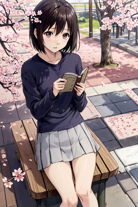nakahara_misaki、two-tone shirt、a miniskirt、plein air、a park、Cherry blossom petals fluttering、lonely、Blue theme、mournful、Eyes of ...