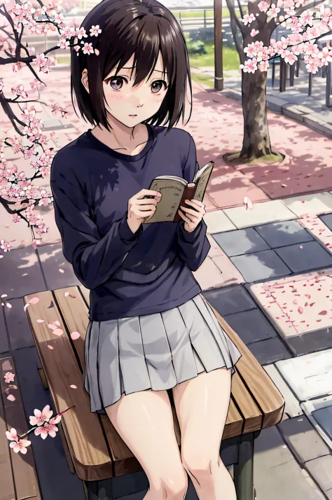 nakahara_misaki、two-tone shirt、a miniskirt、plein air、a park、cherry blossom petals fluttering、lonely、blue theme、mournful、eyes of ...