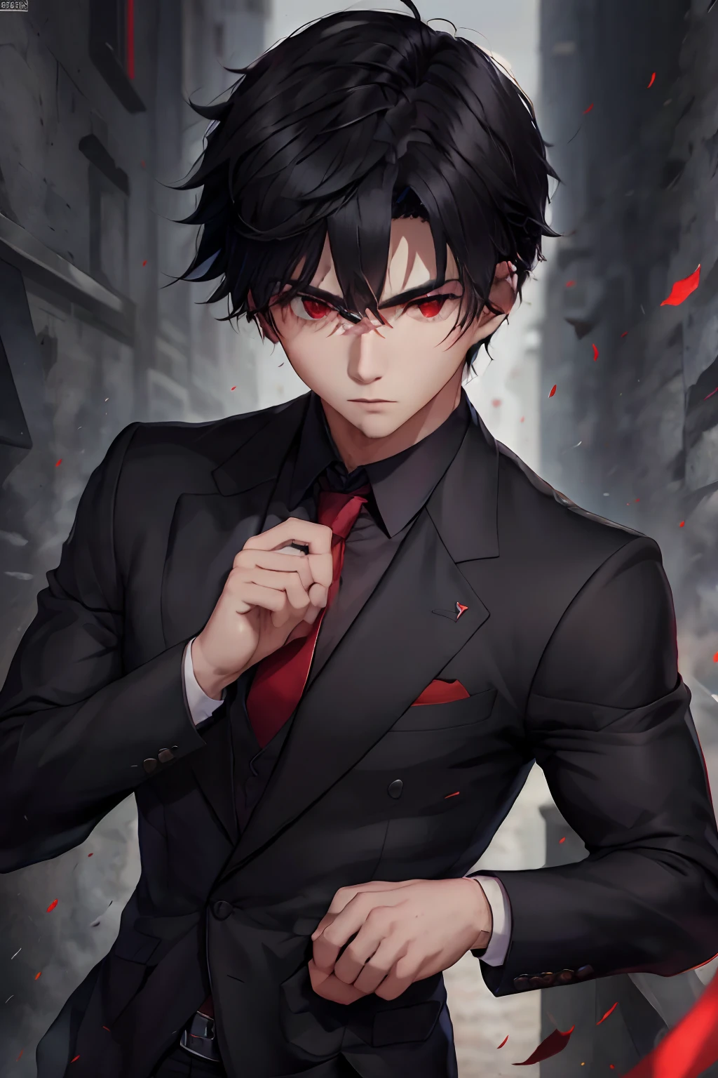 adult man holding a sword((by cable)) and pointing forward (( Towards the camera)), carefree pose, usando um terno preto, unbuttoned, wearing black dress pants and he owns a red tie, ((dark blue hair)) Short hair bob cut, ((detailed hands)), ((Firm artistic trait)), ((piercing look)), anime styling