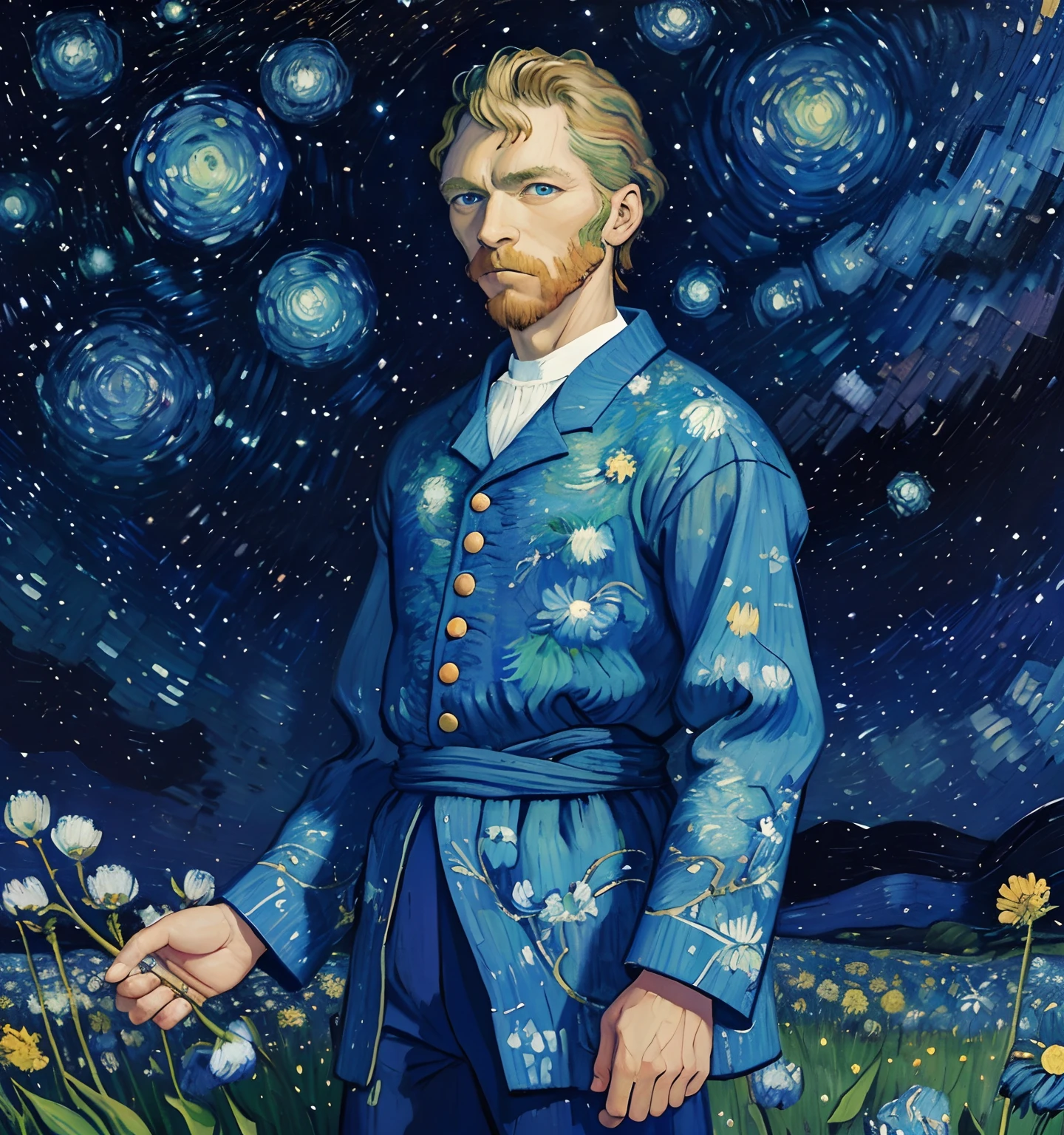穿著藍色西裝的男人 ((海岸線)), 在山頂看花田, ((梵谷風格的繪畫)), 油畫, 畫布上繪畫, ((油漆紋理)), 梵谷的星空