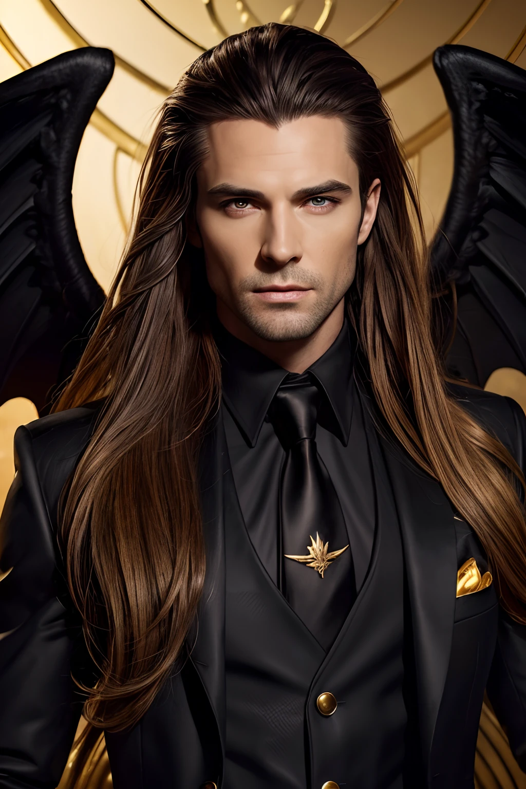 (Best Quality,4k,hight resolution:1.2),Ultra-detailed,Realistic,Portrait,Black & Gold Palette,Long flowing golden hairstyle, ((Red detailed eyes)), Vampire Liquids,radiant lighting,Detailed facial features,Dark background,Single man,in a black suit and black wings