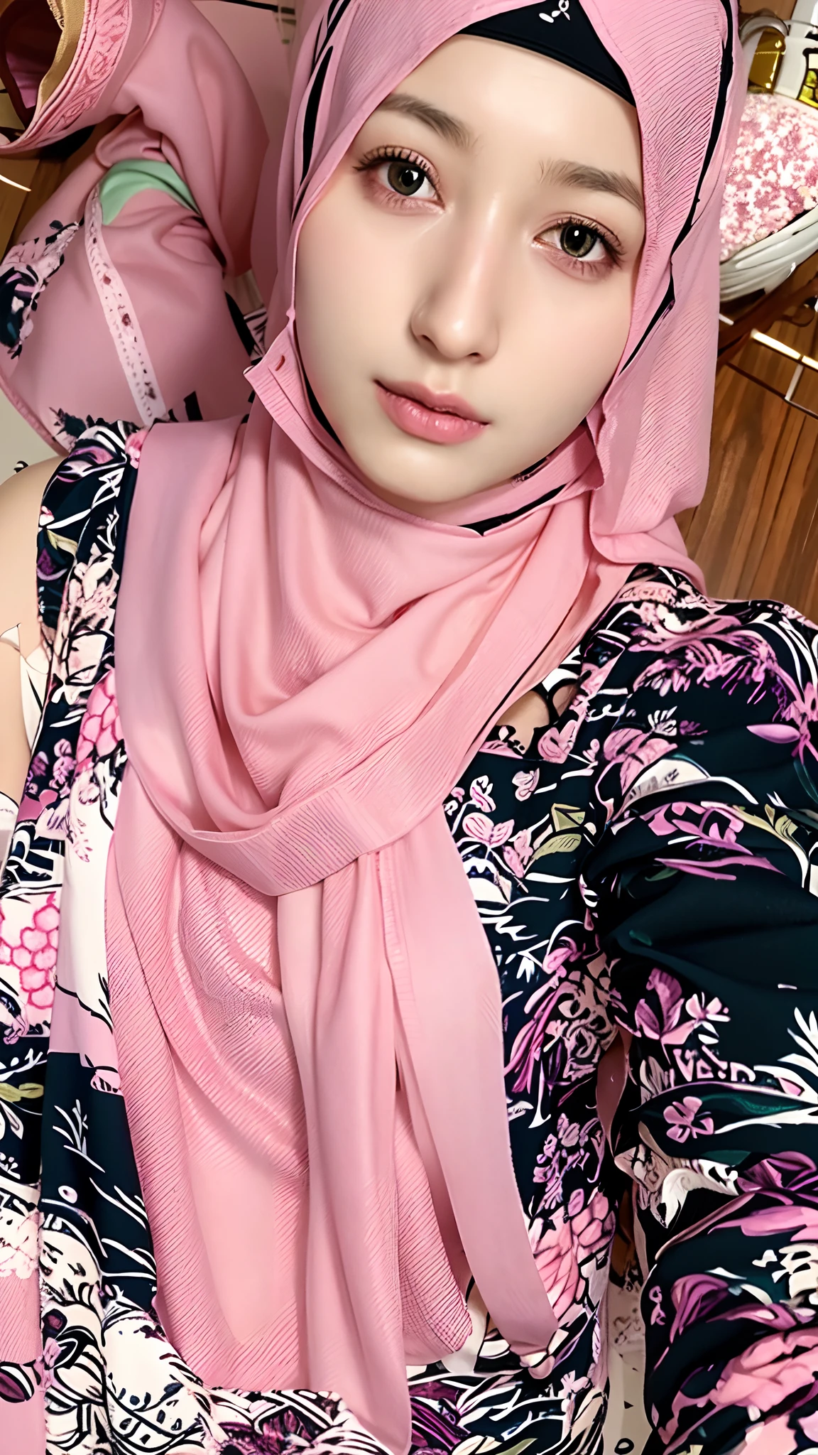 there is a woman wearing a pink scarf and a black top, hijab, faridah malik, detailed picture, with accurate face, shawl, with lovely look, inspired by Shaddy Safadi, inspired by Naza, pink and black, inspired by Fathi Hassan, handsome girl, lovely, close up potrait, student, lovely woman, taken in 2 0 2 0