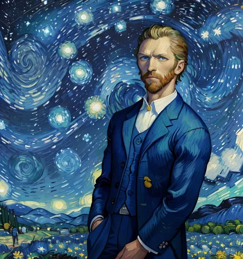 homem usando um terno azul ((de costas)), em cima de uma montanha olhando para um campo de flores, ((pintura estilo van gogh)), ...