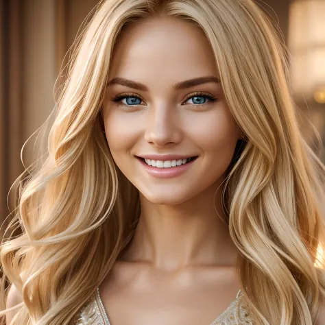 Generate a mesmerizing UHD, hyper-realistic 8K image of a stunning blonde model with an enchanting smile. Pay exquisite attentio...