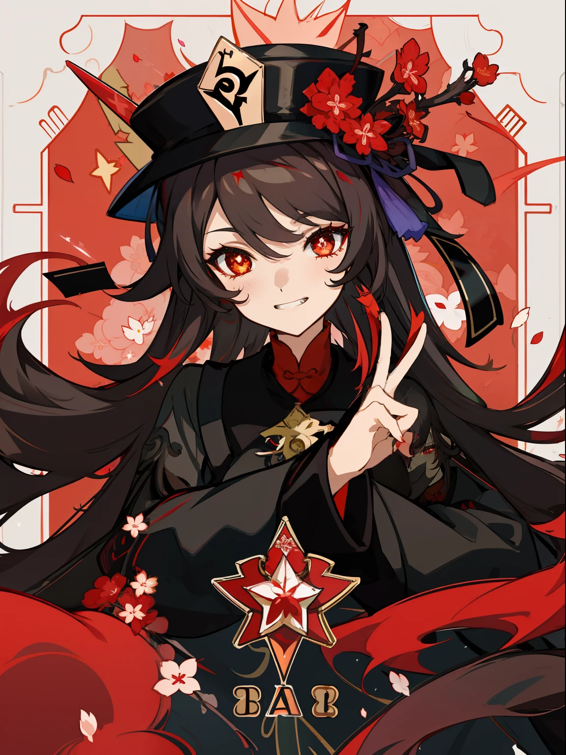 2d, masterpiece, best quality, anime, highly detailed eyes, highly detailed face, highly detailed background, perfect lighting, 1girl, solo, hu tao \(genshin impact\), star-shaped pupils, flower-shaped pupils, hat, red flower, red eyes, cherry blossoms, evil grin, black outfit, (anime tarot style), fire