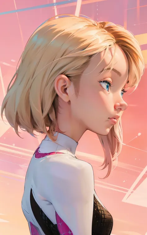 (finely best quality illustration:1.2), (adult girl:1.0), (1girl, solo:1.0), (ultra-detailed, highres, 4k:1.0) Gwen Stacy, side view