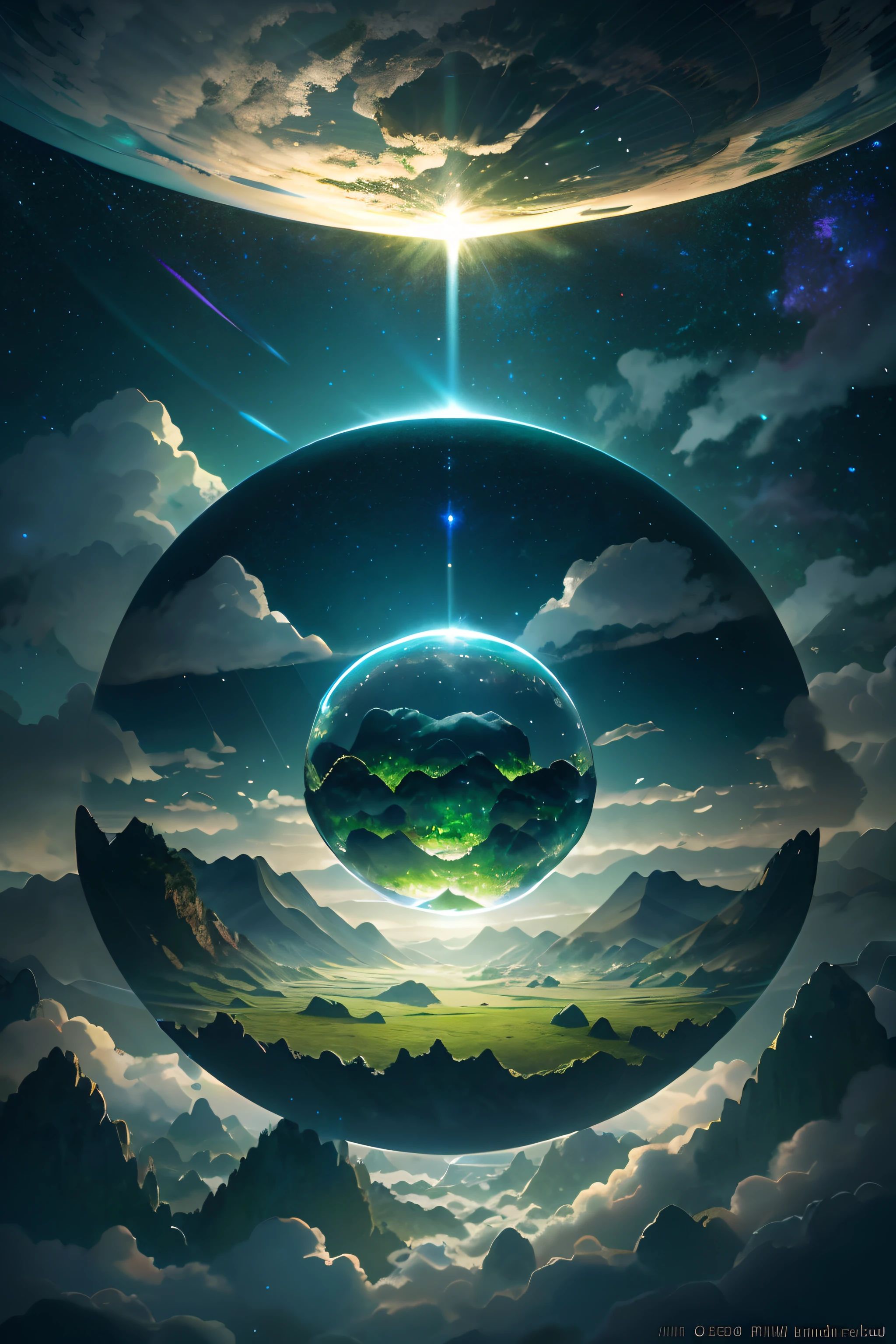 A giant mirror sphere floating in space, flickering lights, sad hamster lost (heaven like green fields surrounded by high mountains and clouds:1.3), particles in the air, god rays, stars in the background, intricate fractals, detailed, (illustration), masterpiece, high resolution, best quality.