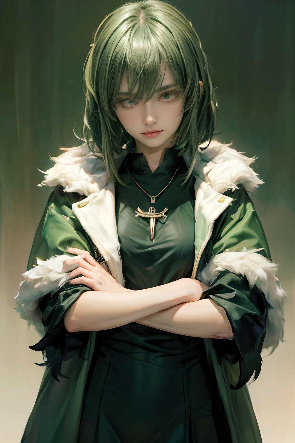 (masterpiece, best quality:1.2), cowboy shot, solo, 1girl, fubuki, expressionless, crossed arms, green hair, taut clothes, fur coat, jewelry, necklace, anime in realistic , realistic