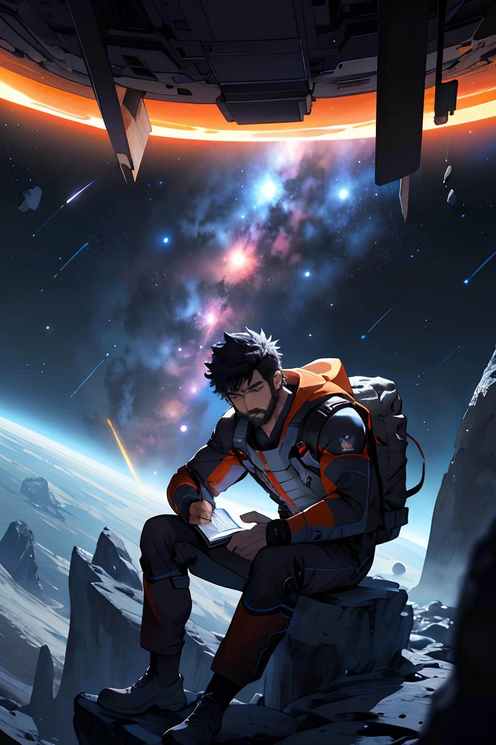 Draw a young programmer, sitting on a research platform floating in the middle of an asteroid belt. He is studying with a notebook, surrounded by several asteroids glowing with fiery auras. Dramatic lighting from distant stars and planets illuminates the scene, casting deep shadows on the suit. The young man looks confident and determined, looking at the vast and mysterious universe with wonder and respect,facial hair, cowboy shot,