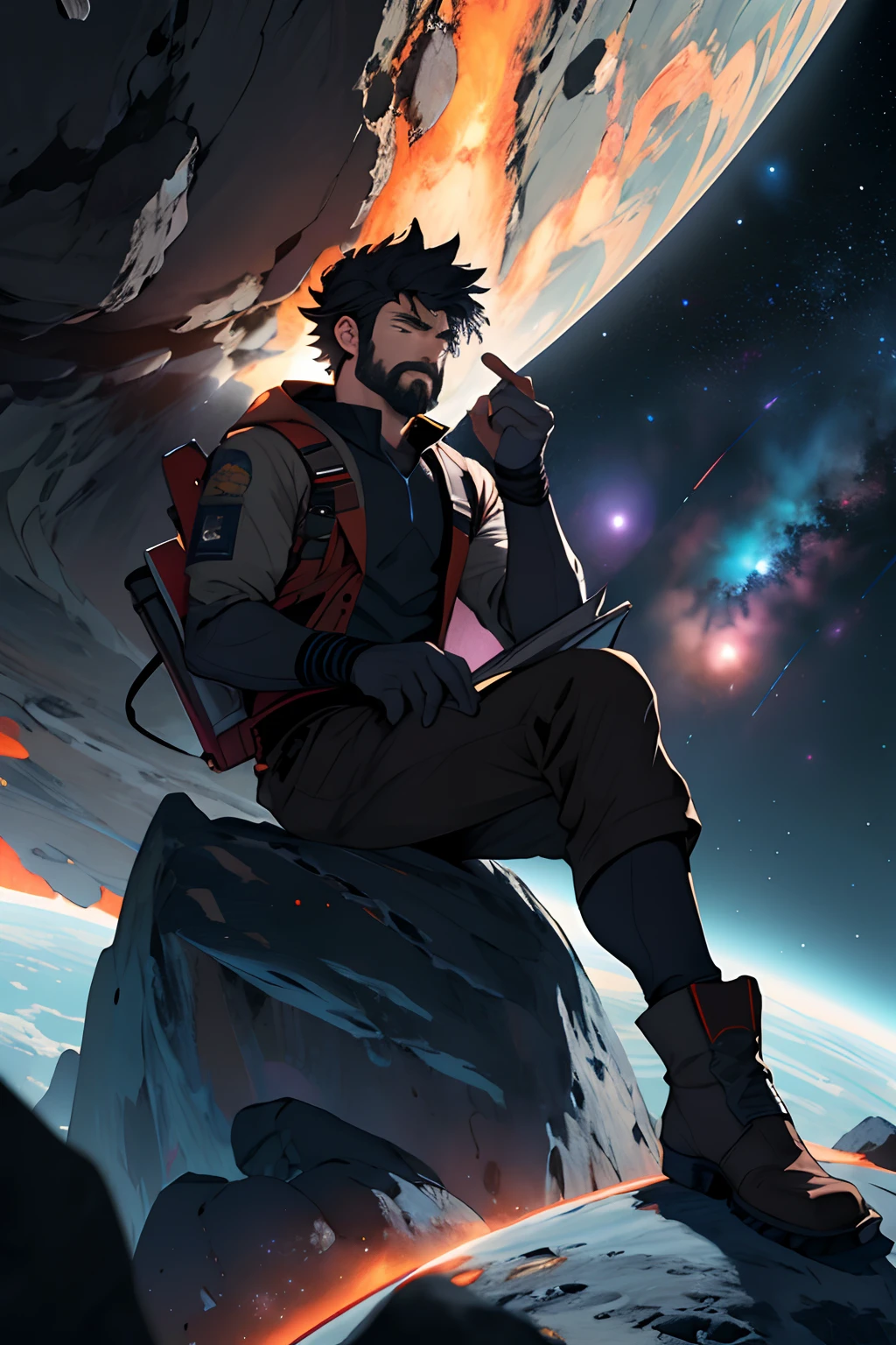 Draw a young programmer, sitting on a research platform floating in the middle of an asteroid belt. He is studying with a notebook, surrounded by several asteroids glowing with fiery auras. Dramatic lighting from distant stars and planets illuminates the scene, casting deep shadows on the suit. The young man looks confident and determined, looking at the vast and mysterious universe with wonder and respect,facial hair, cowboy shot,