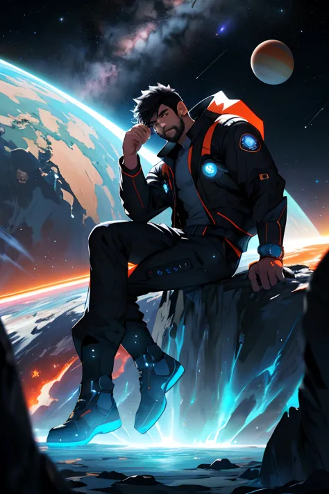 Draw a young programmer sitting on a research platform floating in the middle of an asteroid belt。He is surrounded by several asteroids that glow with a fiery aura。Dramatic lighting from distant stars and planets illuminates the scene、Cast a deep shadow on...