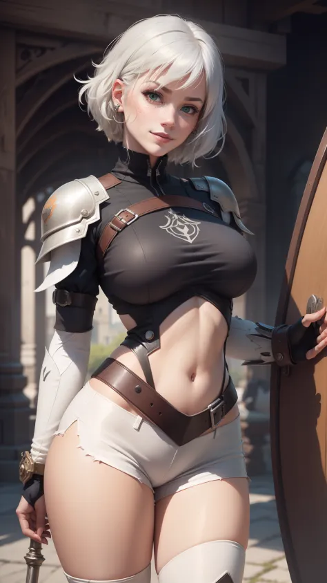 gwen tennyson,y'shtola rhul,yorha 2b, tracer,nier automata,overwatch,close up,mecha pilot,mountain view,tattoos, white and silver plugsuit,white short sleeve lycra top,steel lycra micro shorts,uncovered belly,short hair,cute makeup,green eyes,dimensional s...