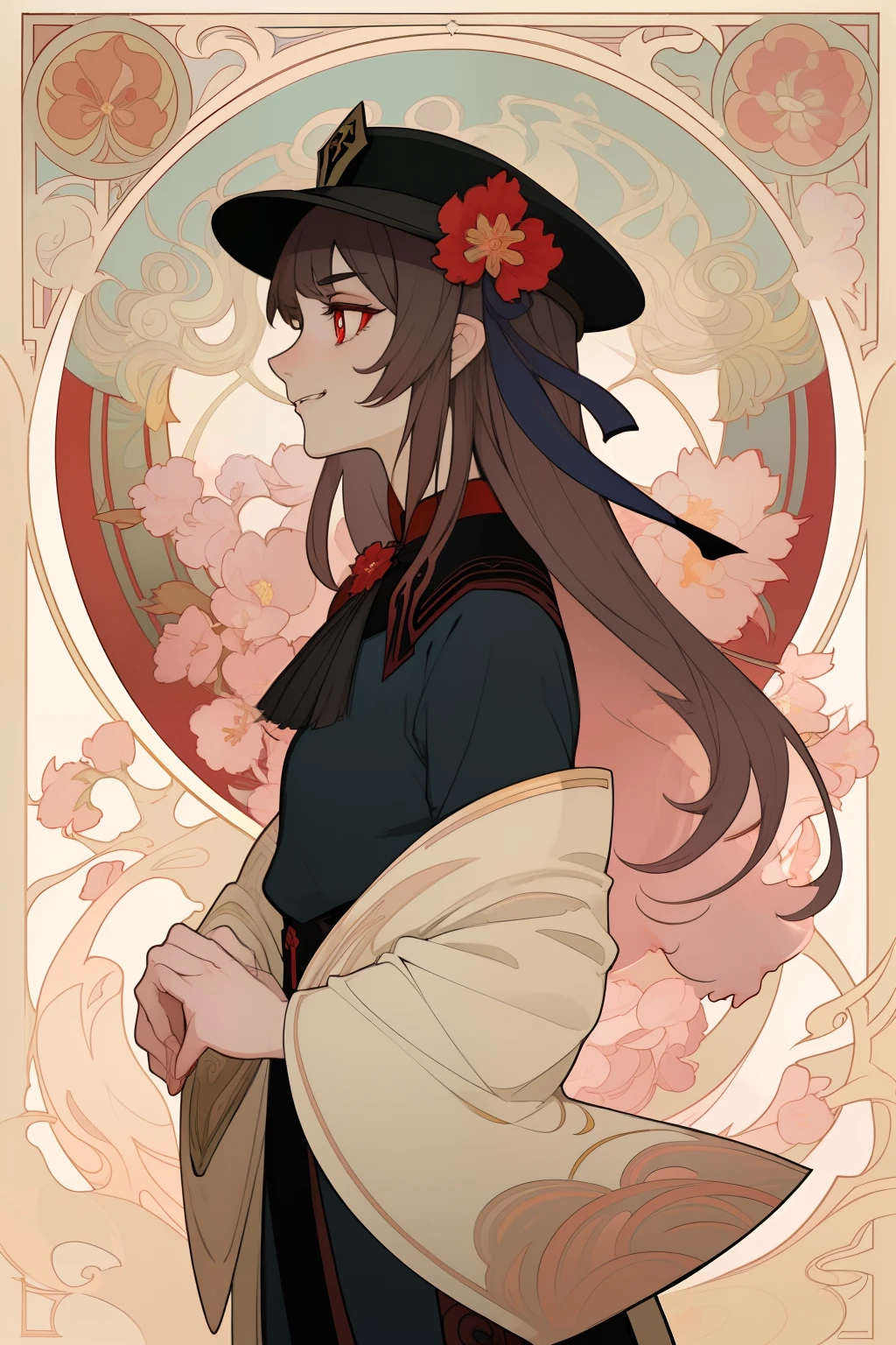 Art Nouveau Style, poster in a theater, (art by wes anderson), 2d, masterpiece, best quality, anime, highly detailed eyes, highly detailed face, highly detailed background, perfect lighting, 1girl, solo, hu tao \(genshin impact\), star-shaped pupils, flower-shaped pupils, hat, red flower, red eyes, cherry blossoms, evil grin, black outfit, (inspired by mucha), fire, profile, cowboy shot