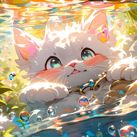 1 cute kitten，white colors，pink little paws，close up of face，portraitures，hairy pubic，fronds，no man，under the water，water bubble...