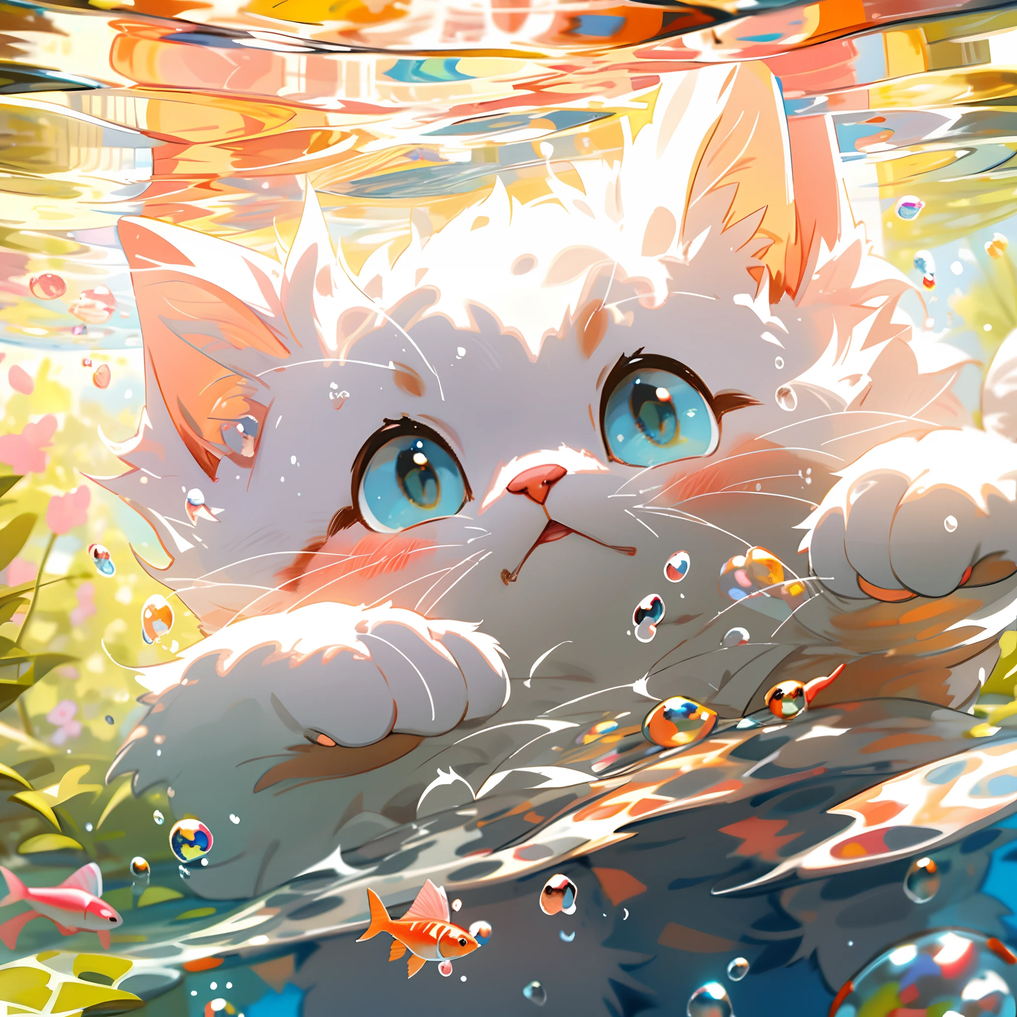 1 cute kitten，white colors，pink little paws，close up of face，portraitures，hairy pubic，fronds，no man，under the water，water bubbles，Buble，higher details，Rich in color，Adorable smile，top-quality，8K，high saturated