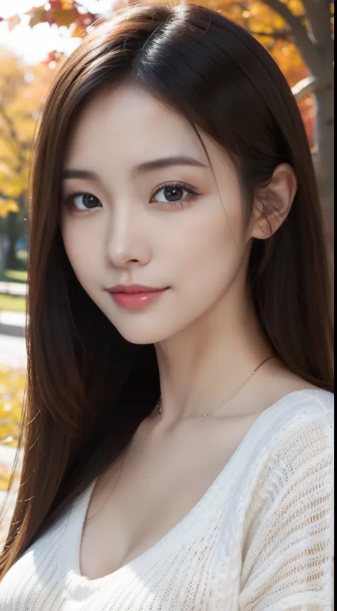 Photorealistic:1.3, masutepiece, Best Quality, ((1 beautiful woman)), Japanese, Close-up portrait, Wearing a knitted sweater, Smiling, Slender Abs, Medium-sized breasts, Beautiful face, Beautiful eyes, Detailed face, Detailed eyes, on the park, in autumn, ...